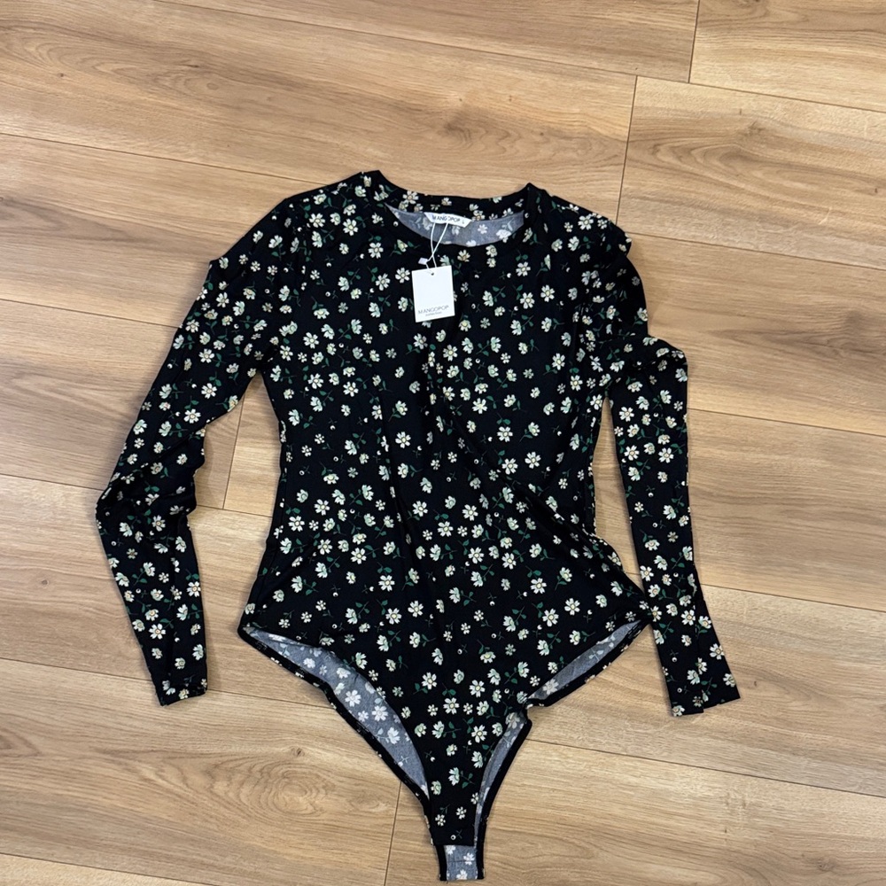 Mango Pop Black Floral Bodysuit NWT
